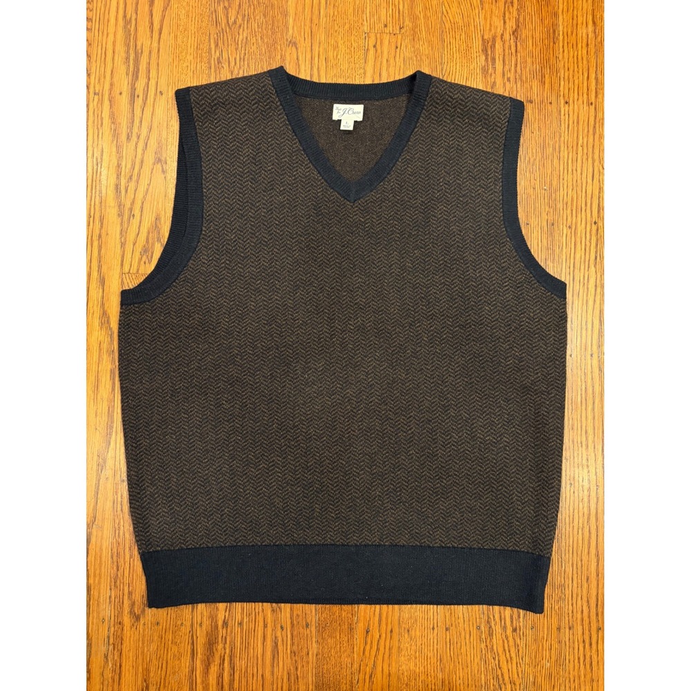 J.Crew Mens Merino Wool Herringbone Sweater Vest Brown Navy V-Neck Large